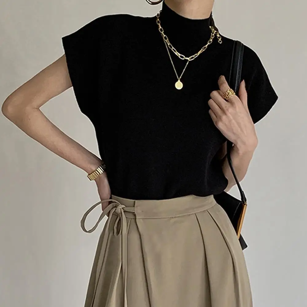 

Stand-up Collar Vest Spring Autumn Knitted Sweater Shirt Solid Knitted Tank Top Office Lady Loose Straight Tops Women Pullovers