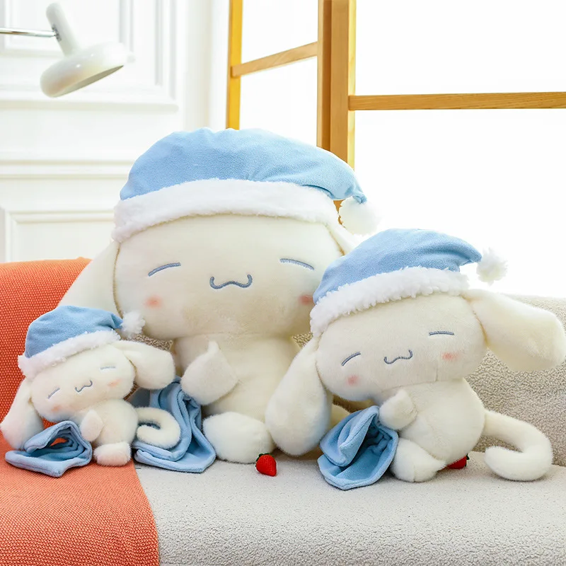 Dulce sueño Cinnamoroll juguete de peluche con gorro para dormir lindo cachorro de orejas grandes Animal relleno para niños cumpleaños regalo de Navidad muñeca suave