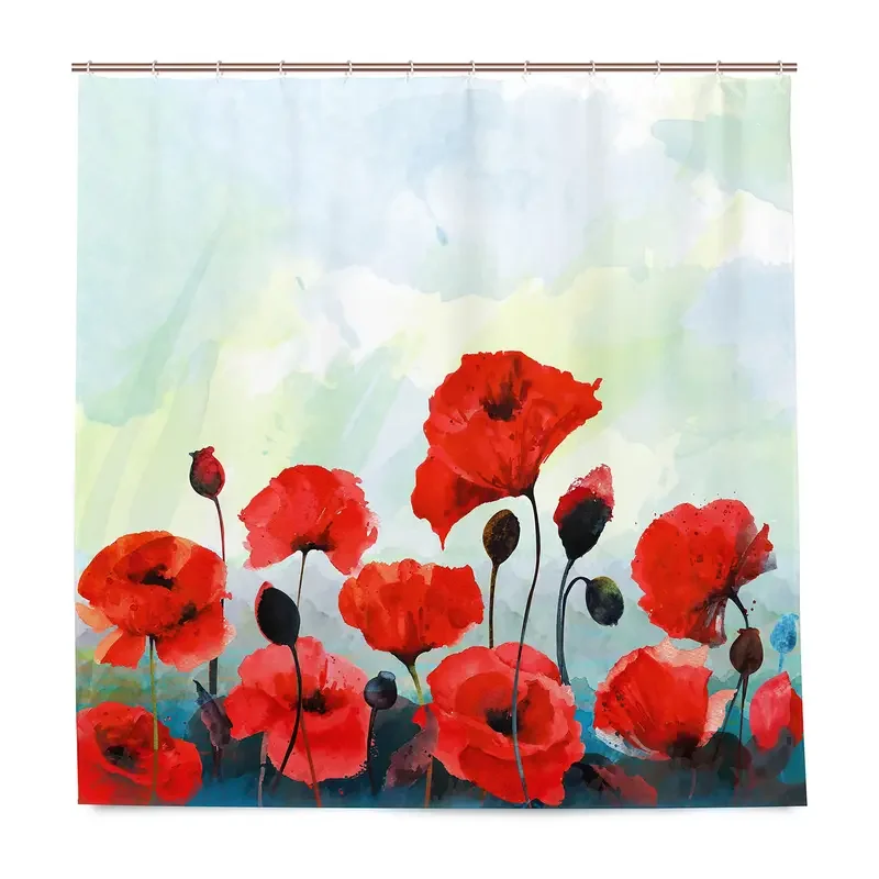 Red Flower Shower Curtain, Poppy Flower Shower Curtains with Floral Washable Fabric Shower Curtains for Bathroom Sets with Hooks