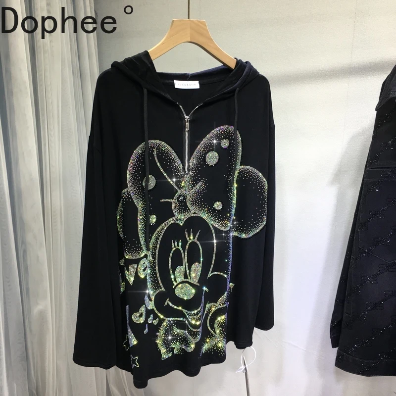 

High Quality Diamonds Mickey Hooded Pullover Top All-match Autumn Winter Long Sleeve Basic T-shirt Mid-long Black Cotton Hoodies