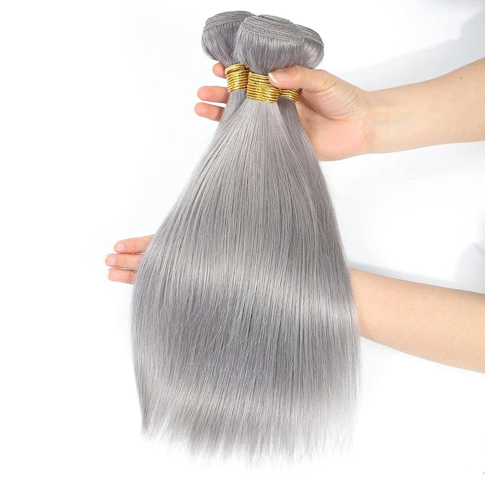 Miss Rola 10A Grade Straight Human Hair Weave Bundles #Gray Remy Hair Extensions Double Wefts Human Hair Weaving