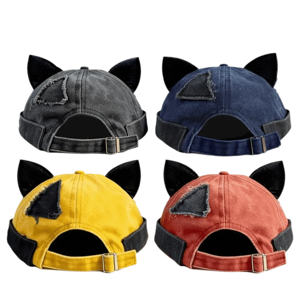 Unisex Cotton Cat Ears Brimless Hat Solid Color Breathable Beanie Hat Washed Old Beanie Cap 2