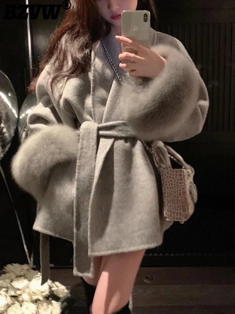 BZVW High End Double-sided Wool Strapping Coat Women\'s Removable Cuffs Fox Fur Temperament Double-sided Cashmere Short Jacket