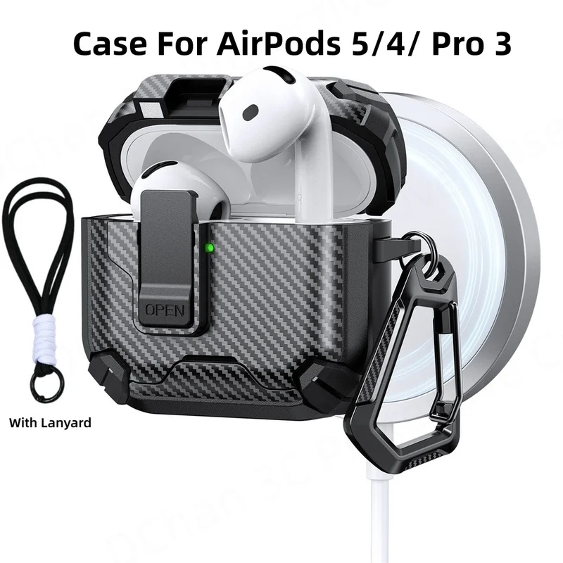 Switch Case For AirPods 5/4/ Pro 3 Carbon Fiber Texture【Automatic Lock】Compatible with Magsafe Hard Case For AirPods Pro 4/5 New