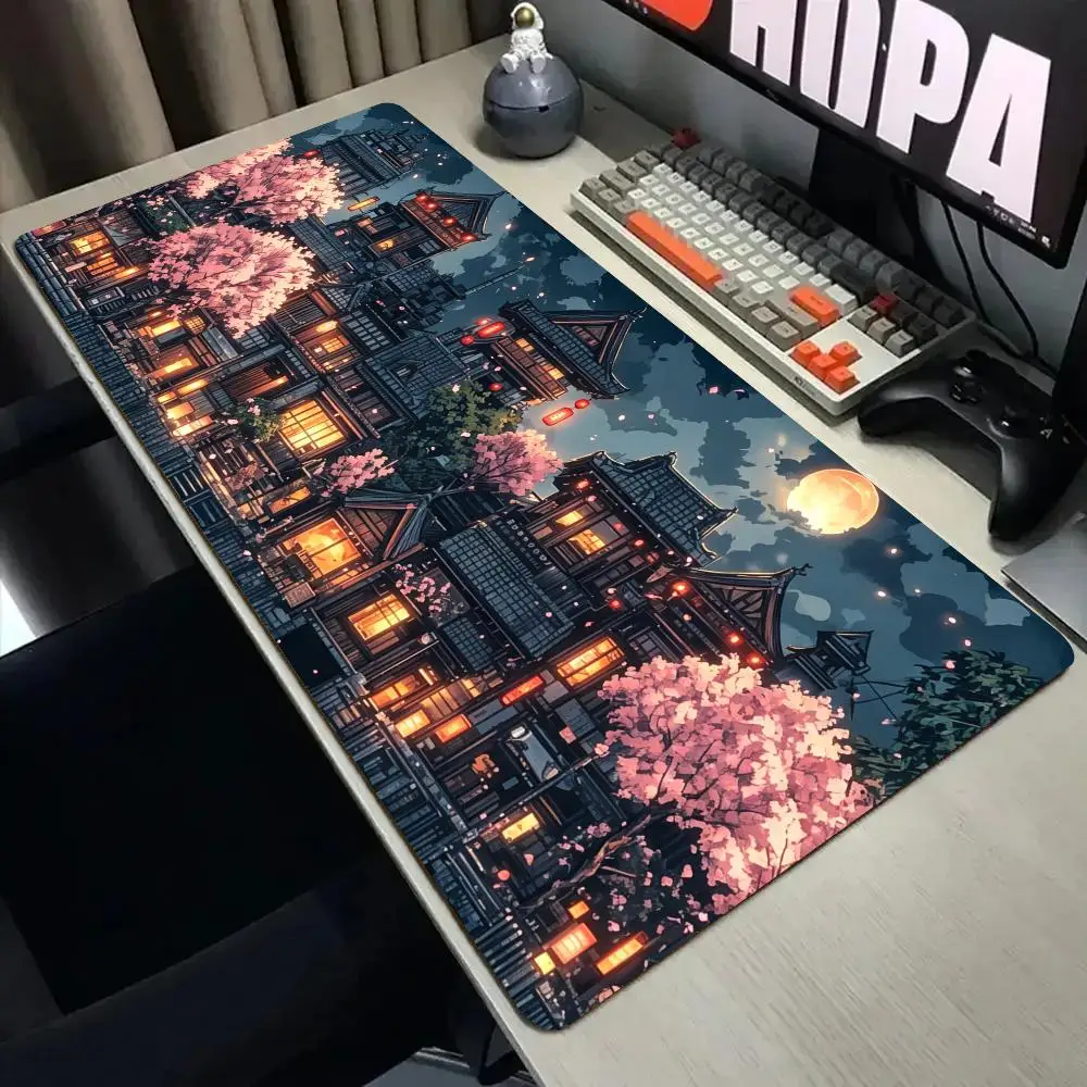 Cherry Blossom Ancient Town Mouse Pad Desk Mat with Stitched Edge XXL Mousepads Rubber Anti-slip Gamer Keyboard Rug Gaming Mats