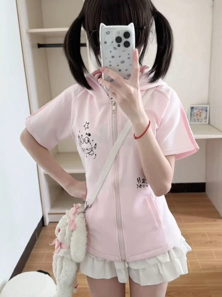 

Summer Japanese Short Sleeve Zipper Tops Women's Design Kawaii Slim Pink Hooded T-Shirts Fashion Lovable Cat Ears Coat Outfits