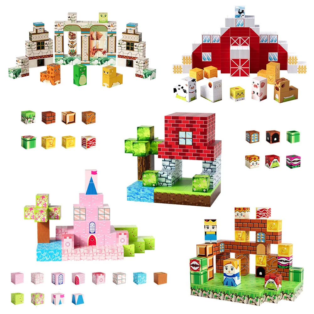 Kreative STEM Magnetische Fliesen Set Prinzessin Schloss Dinosaurier Park Tier Bauernhof DIY Bausteine Lernen Spielzeug Kinder Geschenk
