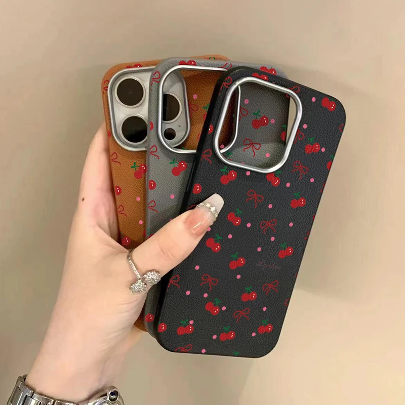 Trendy Red Cherry Bowknot Dots Case Compatible for IPhone 16 13 15 11 12 14 Pro Max XR 15 16 Plus X XS Max Leather Texture Case