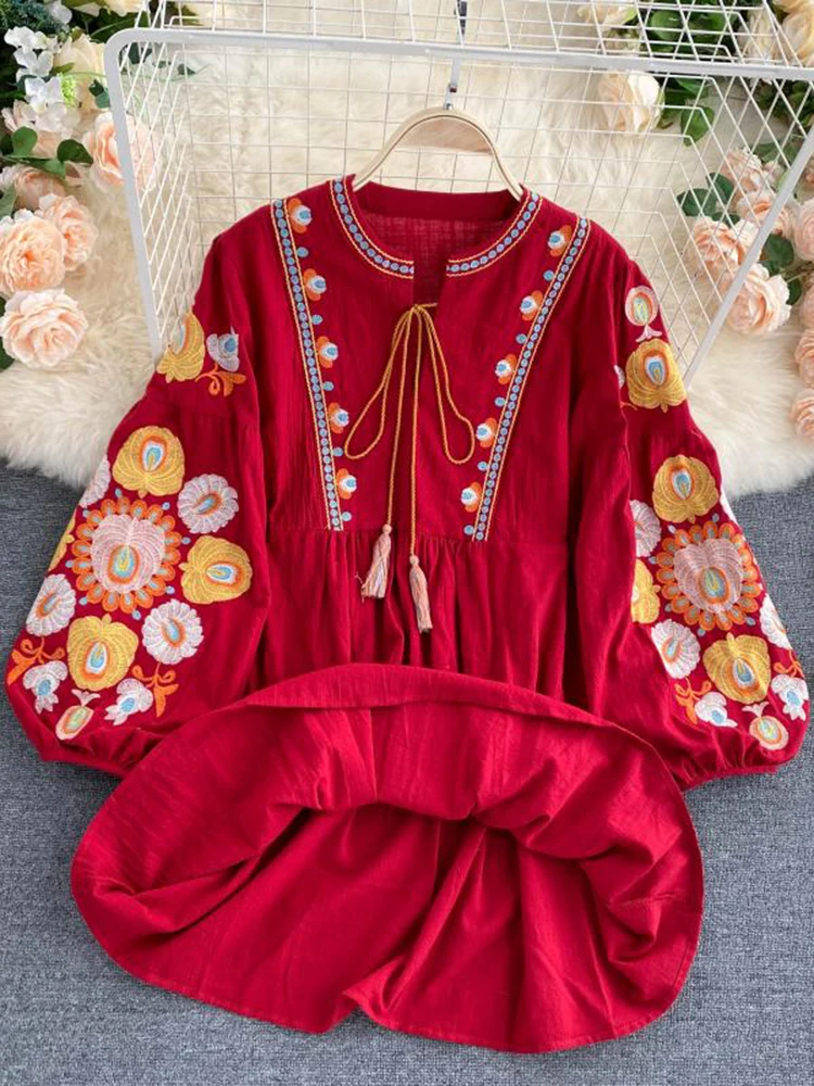 Spring Autumn Bohemian Retro Folk Style Dress Female Heavy Industry Embroidery Round Neck Puff Sleeve Loose Mini Dress GL120