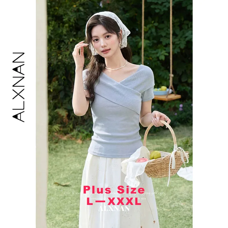 ALXNAN Plus Size Women's T-shirts Cross V-neck Knit Short Sleeve Tees 2026 Summer Elegant Casual Fashion Female Clothing D62865A