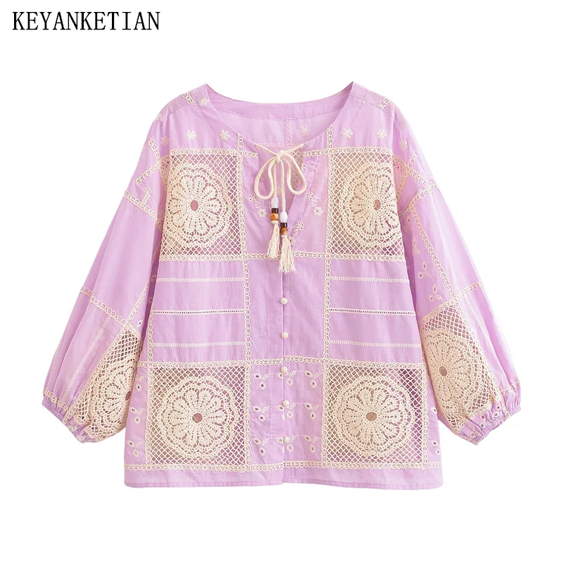 KEYANKETIAN Autumn New Women's Round Neck Drawstring Tied Lantern Sleeves Hollowed Out Embroidered Shirt Women Top