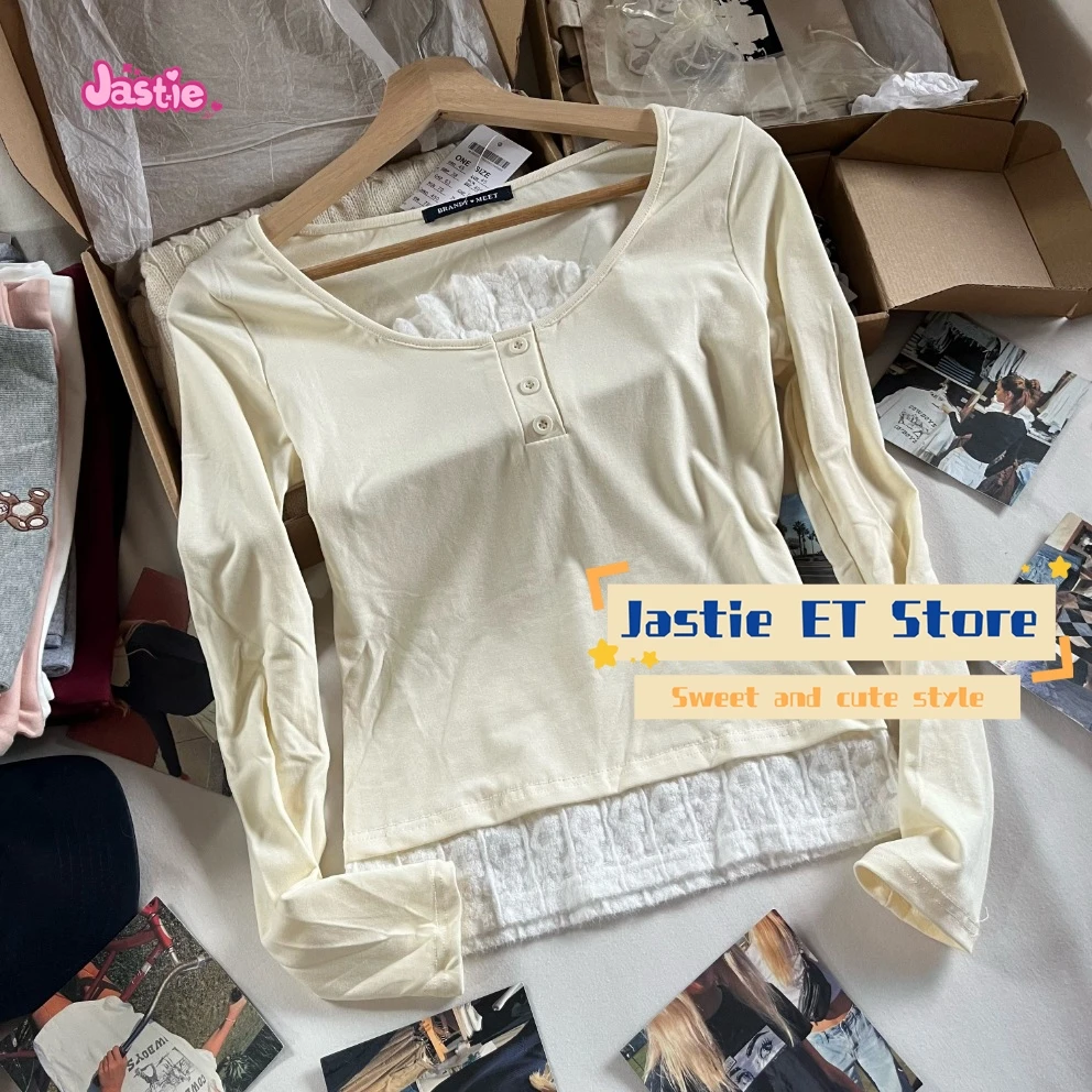 

2024 Spring And Summer T-shirt Women's Long-sleeve Lace Stitching O-neck Pullover Top Sweet Fake Two-piece Tees Shirts