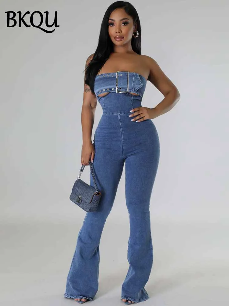 

BKQU модные джинсовые комбинезоны без бретелек женские сексуальные открытые пояса с открытой спиной расклешенные джинсы комбинезон элегантные уличные цельные комбинезоны
