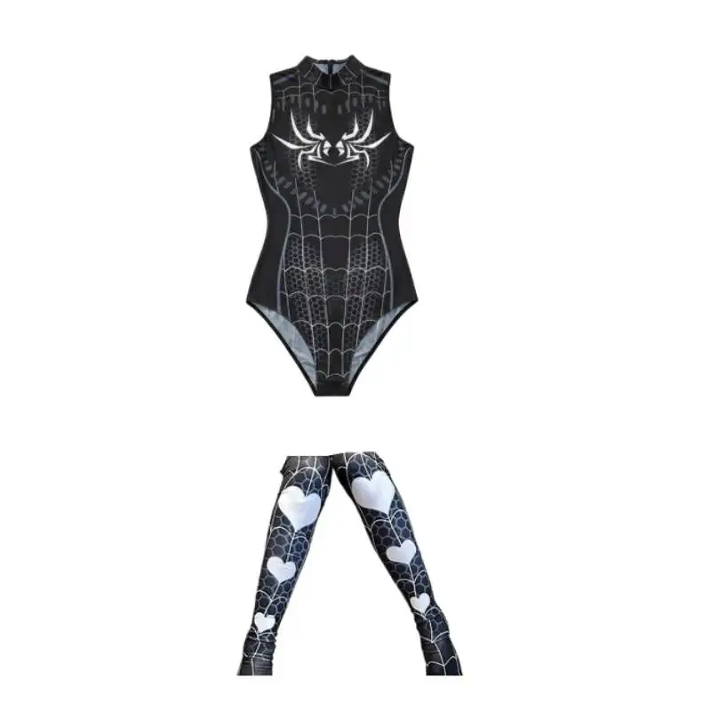 Sexy Cosplay Lingerie Set Anime Spider Woman Venom and Print Love Heart Hollow Design Spider Woman Halloween Crotchless Bodysuit
