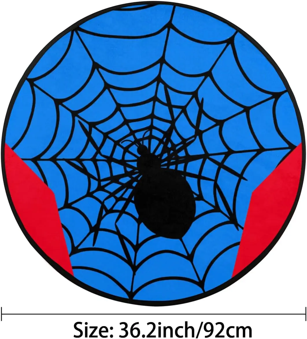 Spider Web Superhero Round Rug Blue with Red Accents for Boy Room Decor