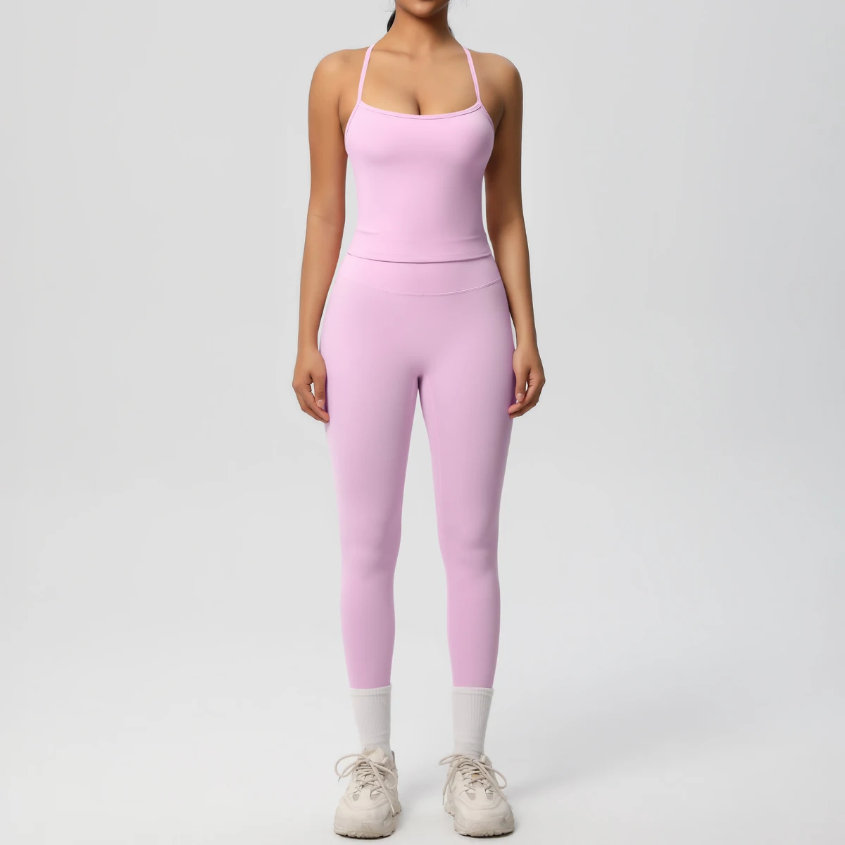 Hochelastisches, sexy, rückenfreies Yoga-Oberteil und -Hose, stoßdämpfendes Lauf-Yoga-Tanktop, einfarbige, schnell trocknende Yoga-Leggings – Detail 31
