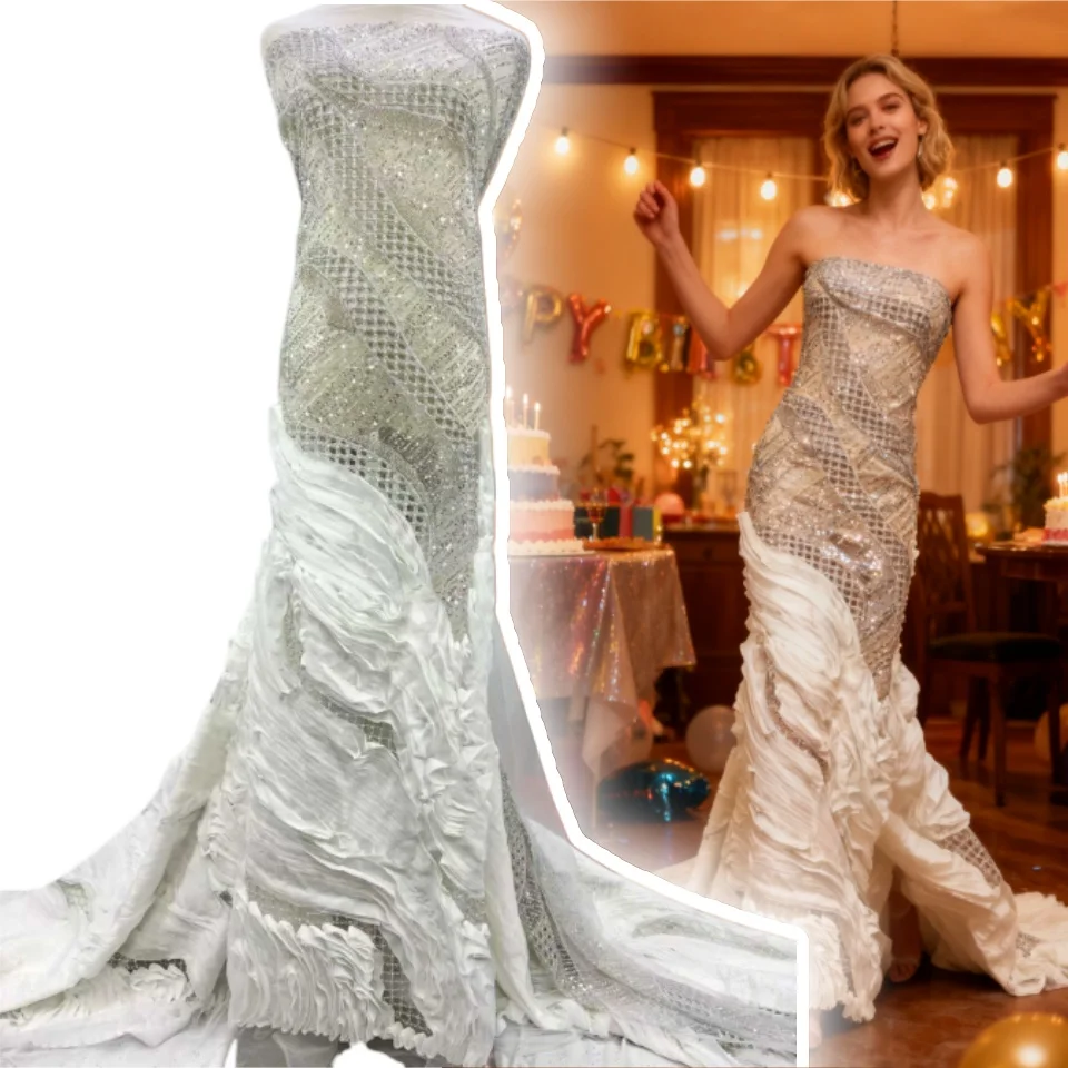 

Высококачественная африканская нигерийская элегантная 3D вышитая бисером ткань, французская тюль, кружевная ткань с блестками для свадебной вечеринки TP1776