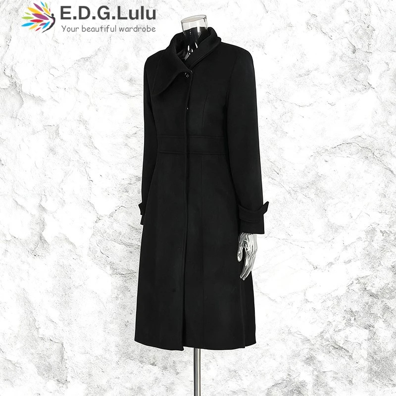 EDGLuLu  2025 Winter Turn-Down Collar Single Breasted Woolen Jacket Woman Long Sleeved Black Long Windbreaker Jacket 1226
