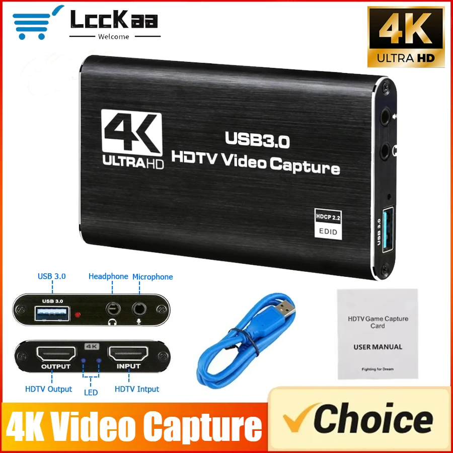 4K USB 3.0 Video Capture Card 30HZ HDMI-kompatibel HD Live Video Recorder Grabber für PC PS4 OBS Spiel Aufnahme Spiel Audio Mic