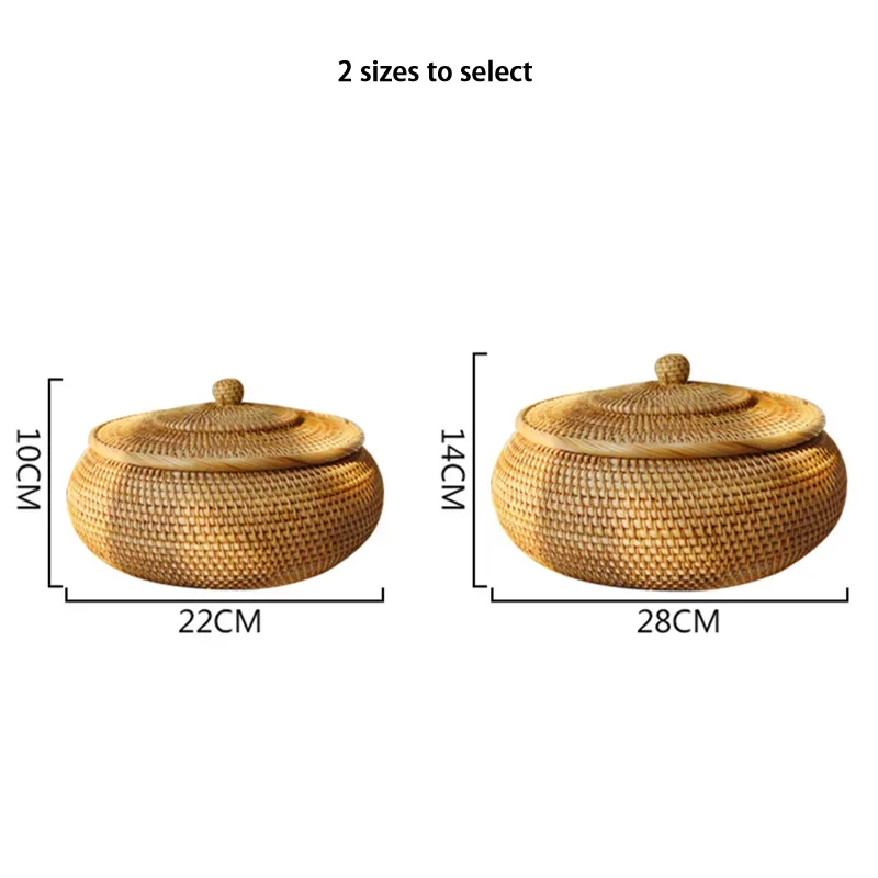 Handwoven Rattan Storage Box With Lid Tea Food Container Rangement Cuisine Box Bread Fruit Basket Kitchen Gadgets Home Organizer