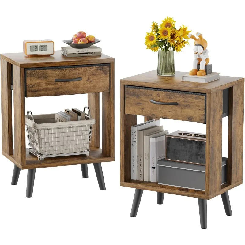 Nightstand Set of 2 with Fabric Drawers and Open Shelves - Rustic Bedroom Side Tables