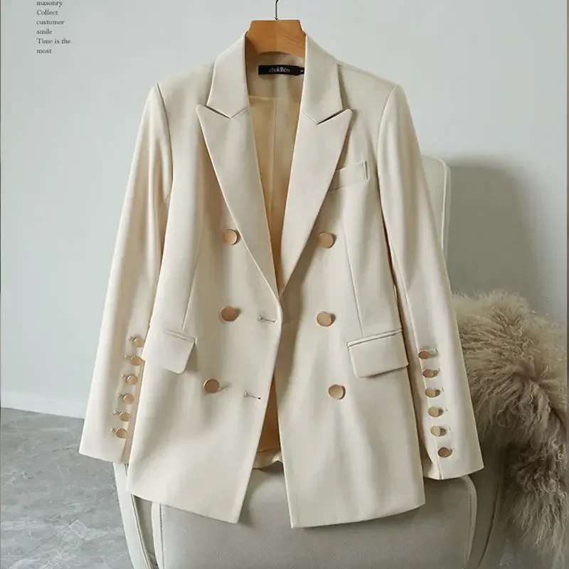 Women's Jacket Autumn Solid Color White Black Blazer Double Breasted Office Top Suit for Women Loose Oversize Coat Female Blazer