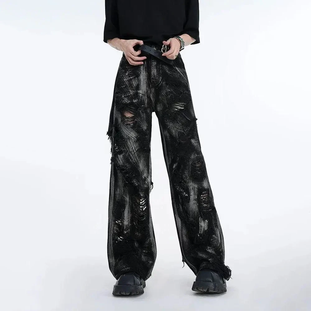 Mens Ripped Irregular Color Blocked Graffiti Jeans Spring Streetwear Fashion Youth Straight Leg Pants Men'S Clothing 2026 New