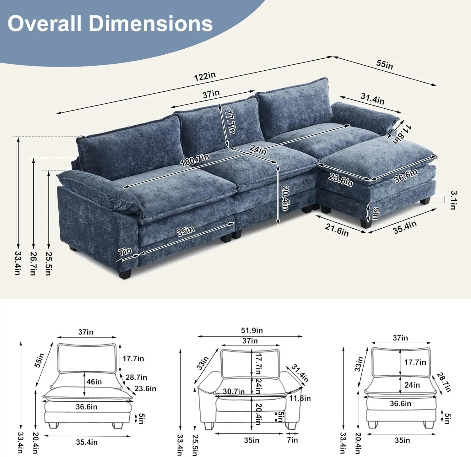 Sectional Sofa Modular Deep Seat Sofa Couch with Ottoman, Chenille Sofa Sleeper Comfy Upholstered Furniture for Living