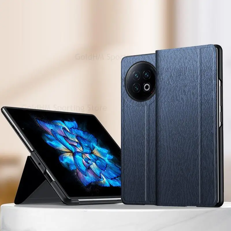For vivo X Fold2 5G Wood Texture Leather Phone Kickstand Case Funda For VIVO X Fold 2 V2266A Book Stand Hard PC Shockproof Cover