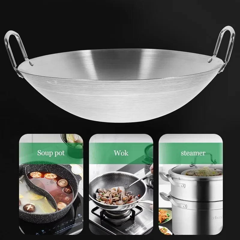Deep Bottom Stainless Steel Wok Double Handle Round Bottom Traditional Cooking Pot 18L Capacity Large Kitchen Cookware