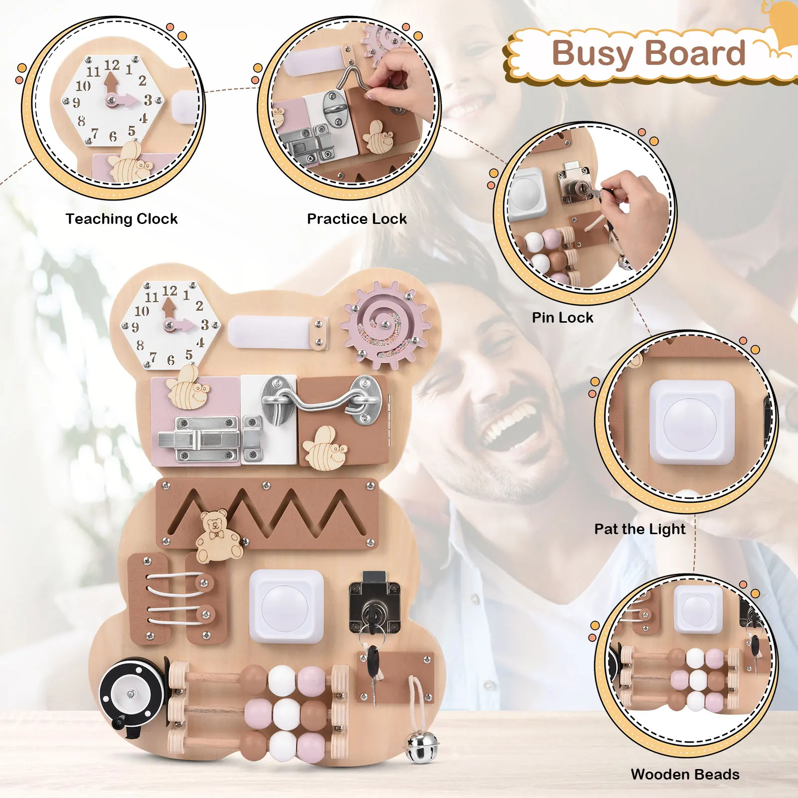 Montessori Activity Board Toy Bear Busy Board Early Learning Travel Toy Gift for Baby 2 3 4 Hands-On Life Skill Ability