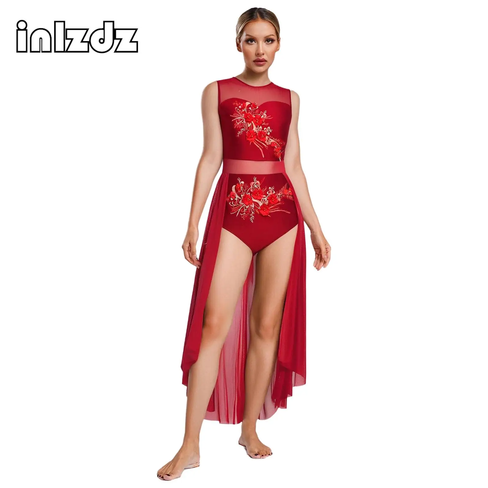 

Women Lyrical Dance Round Neck Sleeveless Three-Dimensional Applique Flower Embroidery Cutout Back Overlay with Clasp Costume
