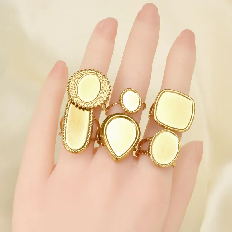 6Pcs Brief Geometry Long Ellipse Water Droplet Stainless Steel Ring Opening Adjustable Rings For Women Men Jewelry Party Gift
