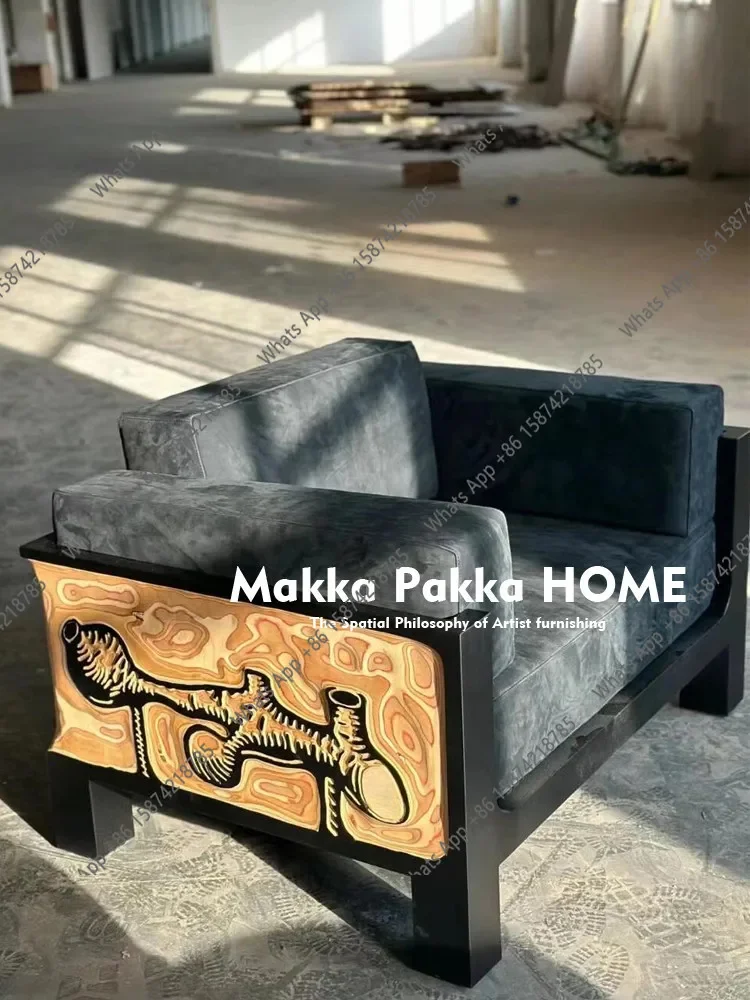 Medieval Carved Single Sofa Designer Retro Creative Engraving Decorative Pattern Casual Sofa Chair X