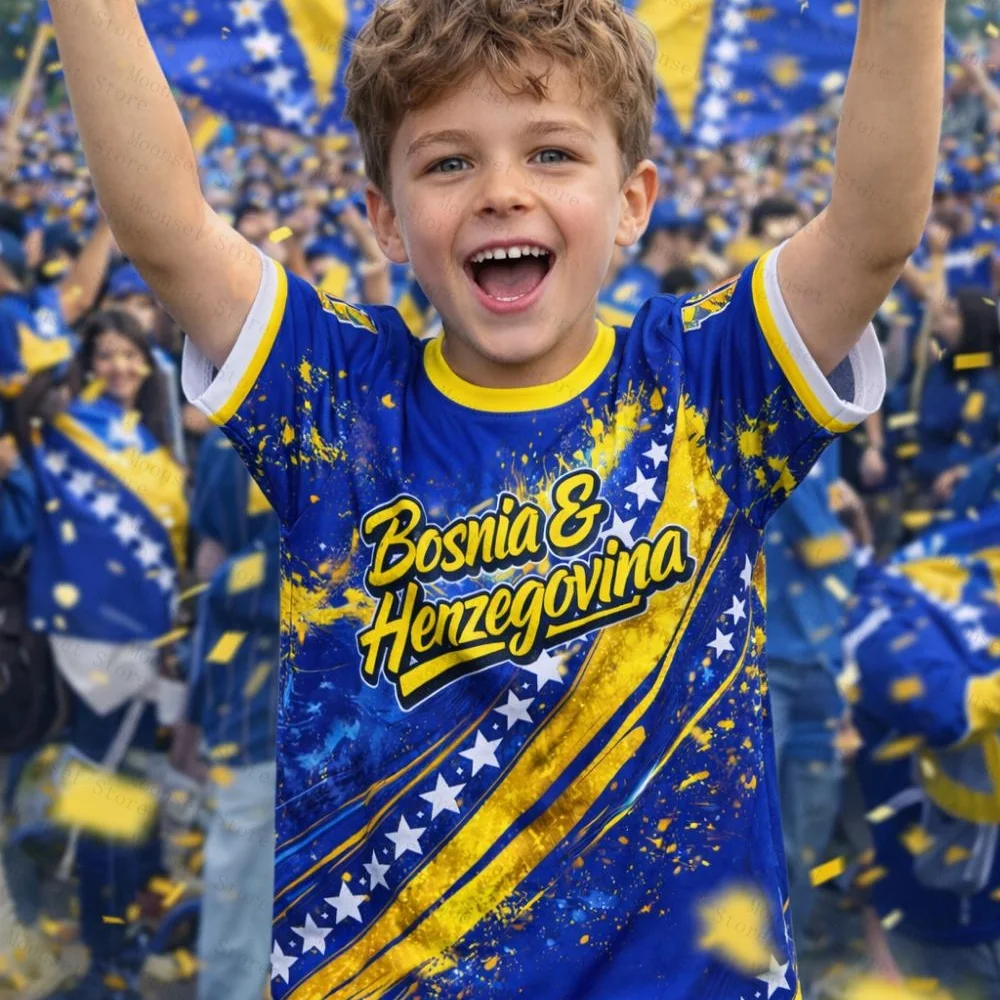 Bosnien und Herzegowina 3D-gedrucktes Sport-Oberteil, Trikot für Herren, Fußball-Fan-Shirt, leichtes Sport-T-Shirt für Kinder, Alltagskleidung, Spieltag