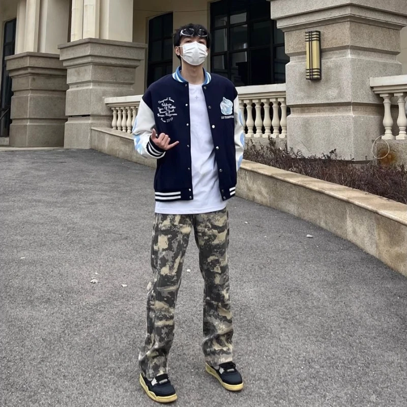 

New Rock Trousers Jeans for Men Hip Hop Y2k Vintage Aesthetic Streetwear Wide Leg Cotton Cheap 90s Camouflage Man Cowboy Pants