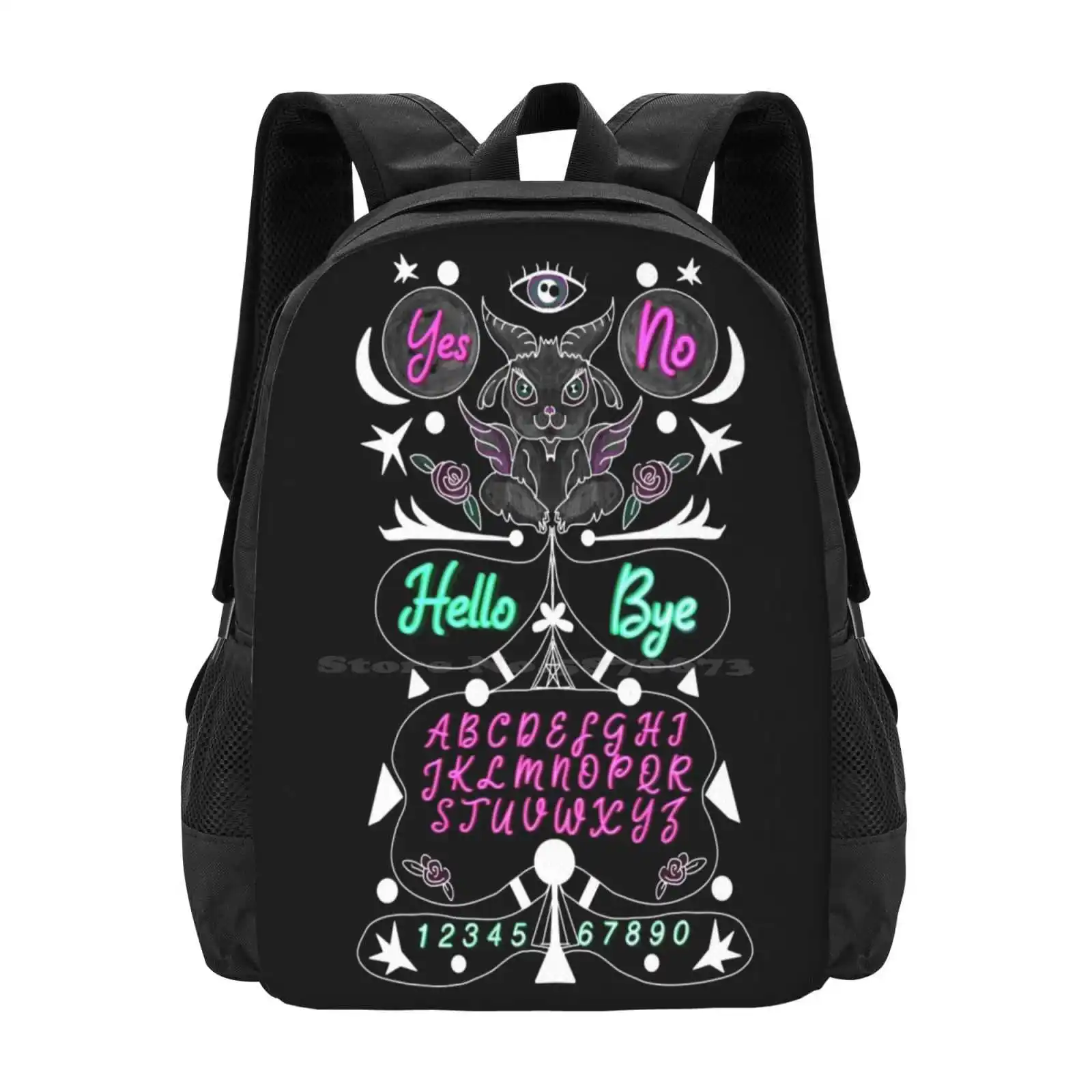 Spirit Board With A Baby Baphomet Pattern Design Bag Student'S Backpack Spirit Board Novachasingart Baphomet Neom Black And