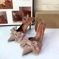 Pink Bow Knoit High Heels Stilettos For Woman Autumn Point Head Thin Heel Slingbacks Pumps Women Patent Leather Sandal Shoes New