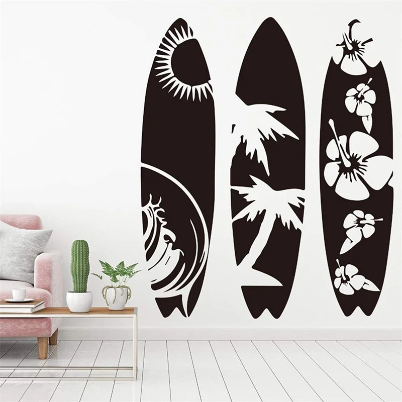 Tropical Surfboard Wall Decal Palm Hibiscus Wave Sun Vinyl Wall Sticker Coastal Beach Nautical Home Decor Mural 2258