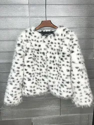 ZADORIN Preppy Style White Leopard Black Dots Faux Fur Coat Women O-Neck Furry Short Faux Fur Jacket Winter Clothes Women 2024