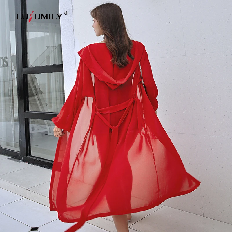 Lusumily Vintage Kimono Long Cardigan Women Fashion Summer Red Beachwear Hoodie Plus Size Chiffon Loose Blouse Shirt Female Tops