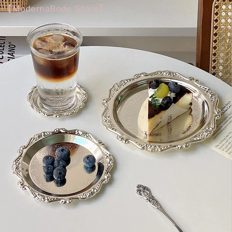 Retro Luxury Silver Plated Plates Cake Dessert Tray High Tea Snack Fruit Dish Jewelry Storage Tabletop Decor Home Hotel Supplies