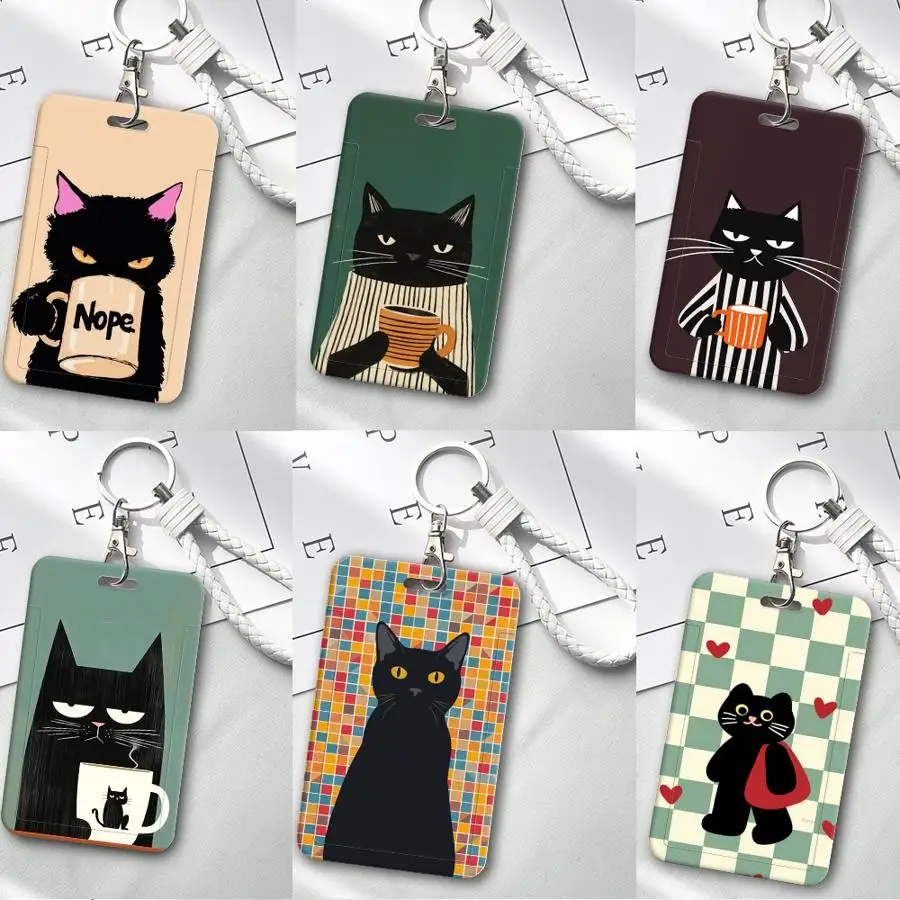 Black Cat 1Pc Card Holder Retractable Credit Card Holders Holders Child Bus with lanyard Bank ID Badge Cover Case
