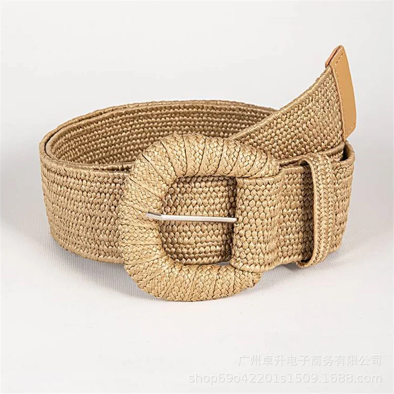 NATURAL RAFFIA BROWN WOVEN BELT Bohemian Boho Raffia Wicker Belt for Women Stretch Wide Waist Chain for Dresses with Buckle Acce