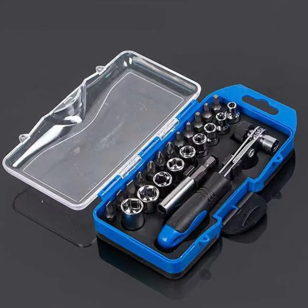 23pcs Ratchet Socket Wrench Set With Extension Bar Screwdriver Bits For Home Auto Repair Metal Hand Tool Kit