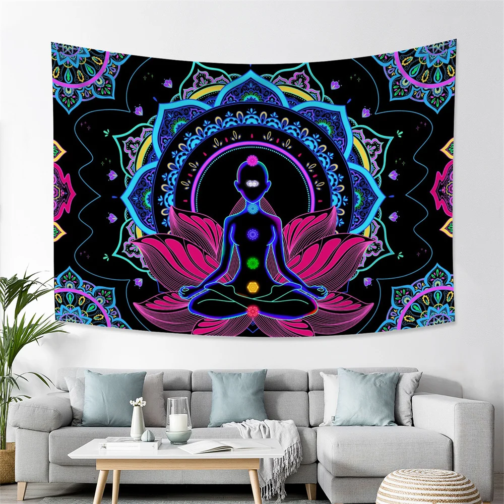 Indian Buddha Statue Meditation 7 Chakra Tapestry Wall Hanging Mandala Tapestries Wall Background Cloth Psychedelic Yoga Mat