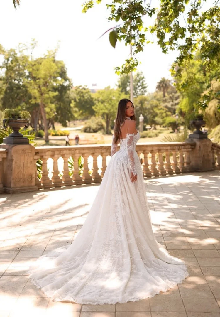 Vestido De Novia Encaje Long Sleeve Wedding Dress Desmontable 2 En 1 Basque Waist Minimalista Elegante Casamento Civil A Line