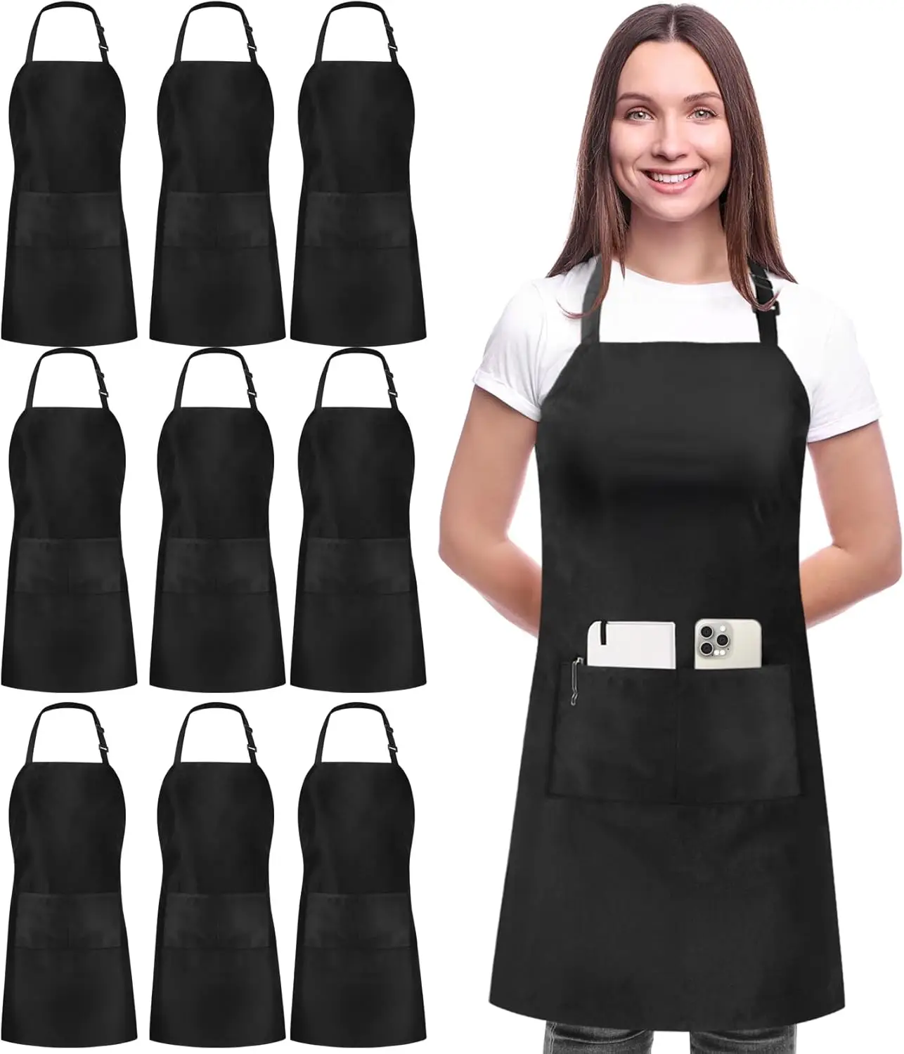 

10 Pack Bib Apron Adjustable with 2 Pockets, Water and Oil Resistant, Cooking Kitchen Chef Apron for Women Men