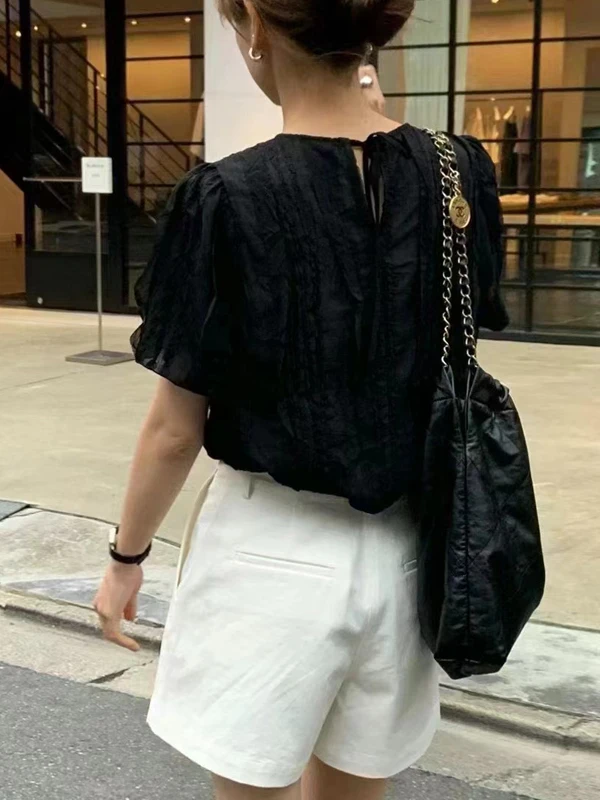 Chic coréen Sle ample ort Sve irt plissé Design sens nœud papillon femmes Faion thé esprit Ele haut été irt