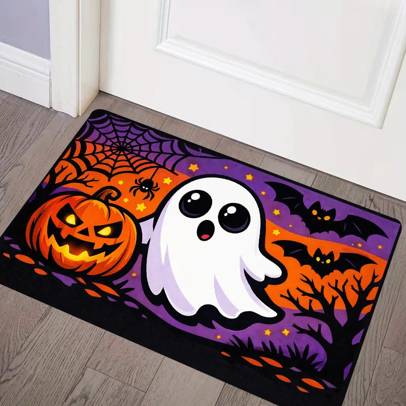 Colorful Halloween Decorative Floor Mat Cute Ghost Pumpkin Bat Spider Web Print Home Entryway Indoor Spooky Party Welcome Decor